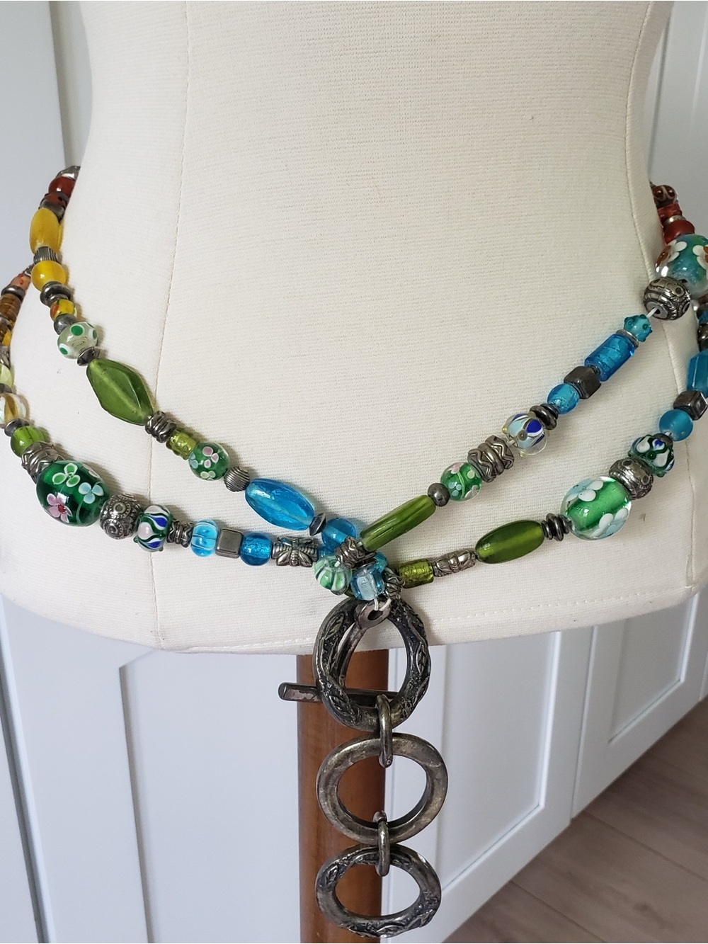Multi-Strand‎ Green Blue Beaded Necklace with Silver Rings Art Glass Beads